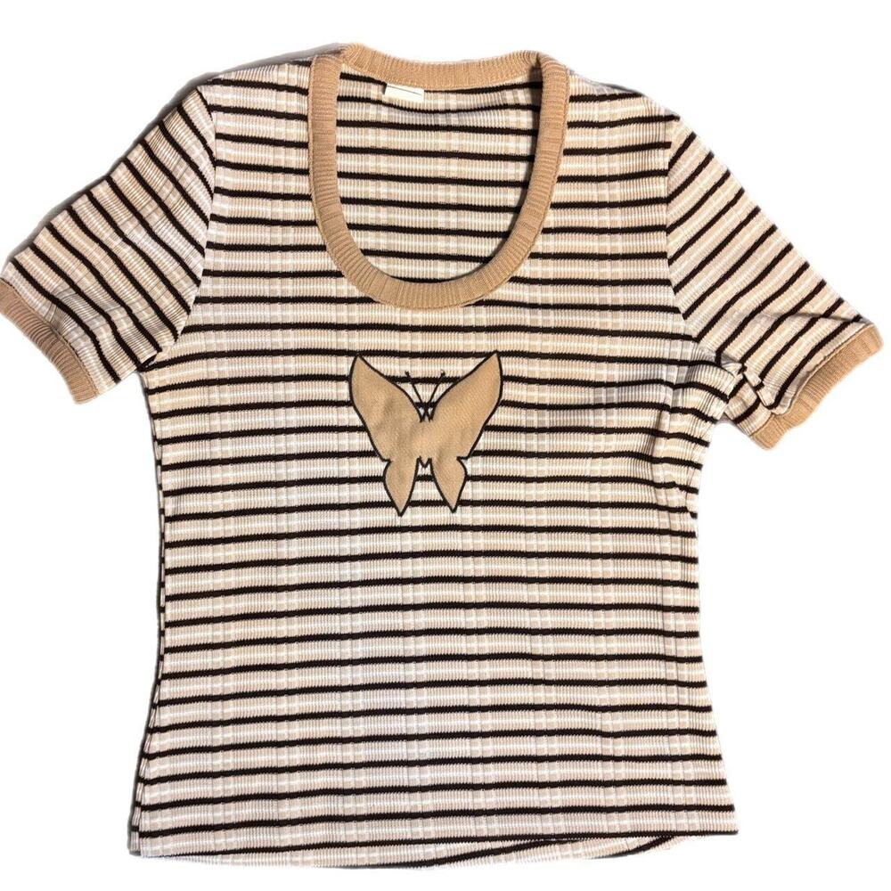 70s vintage brown and cream striped top with butterfly medium